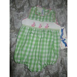 nwt Silly Goose green check smocked bunny bubble romper baby girls 12 m